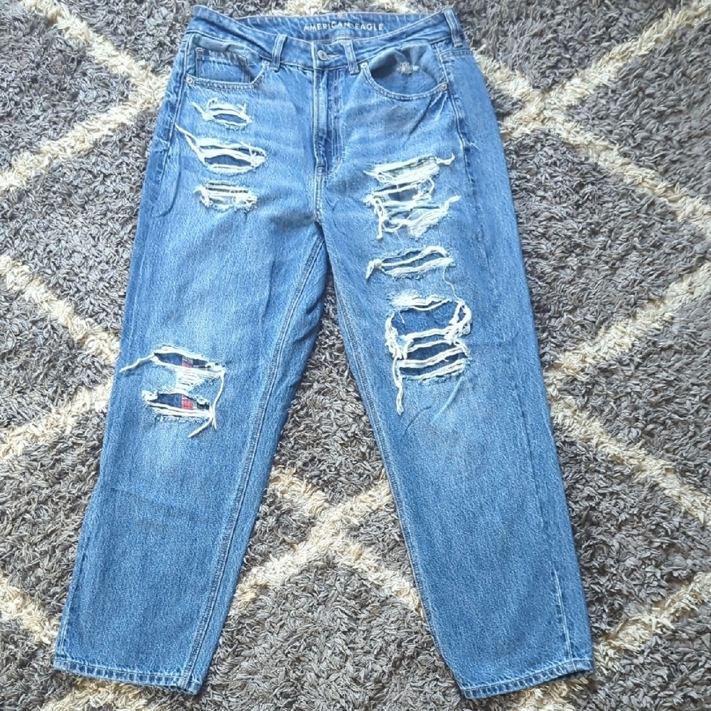 American Eagle Mom Straight Jean With Patchwork Distressed High Rise Plaid 8